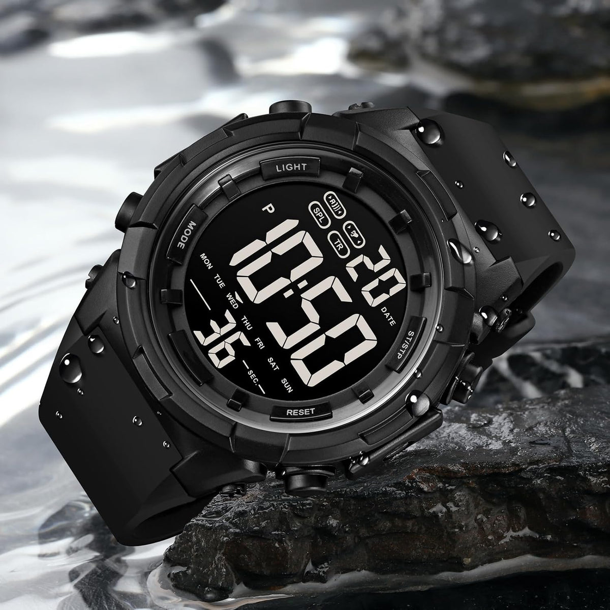 XCZAP Reloj deportivo digital negro para hombre, reloj táctico militar de cara grande, resistente al agua 5ATM, retroiluminación LED, alarma, cronómetro, doble hora