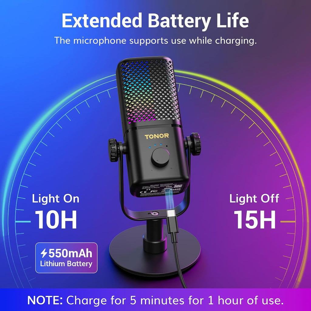 TONOR Micrófono para juegos compatible con Xbox, micrófono de transmisión de condensador RGB, bajo ruido, control de ganancia, silencio de un toque, compatible con tarjeta de captura, cable de 78 pulgadas, soporte de escritorio, negro, flujo TCX3