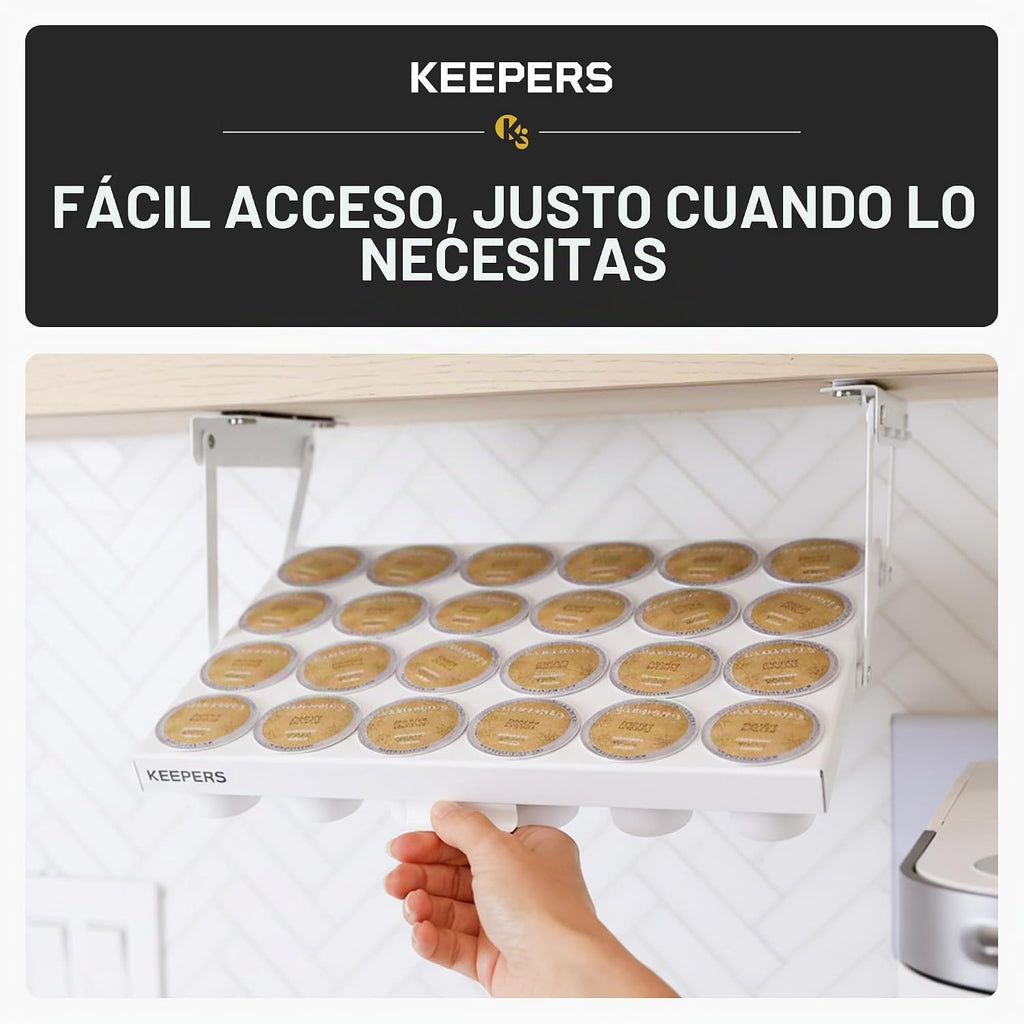 KEEPERS - Soporte para tazas K para debajo del gabinete con acceso abatible, soporte para cápsulas de café que ahorra espacio y organizador de tazas K para 24 cápsulas, organizador de cápsulas de café de acero con fácil instalación