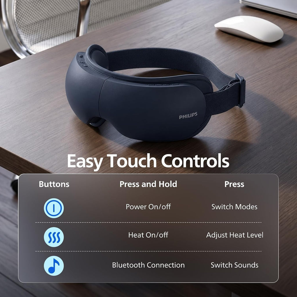 Philips Masajeador de ojos, máscara de ojos térmica para migrañas con música, masajeador inteligente de migraña que reduce los ojos secos y mejora el sueño