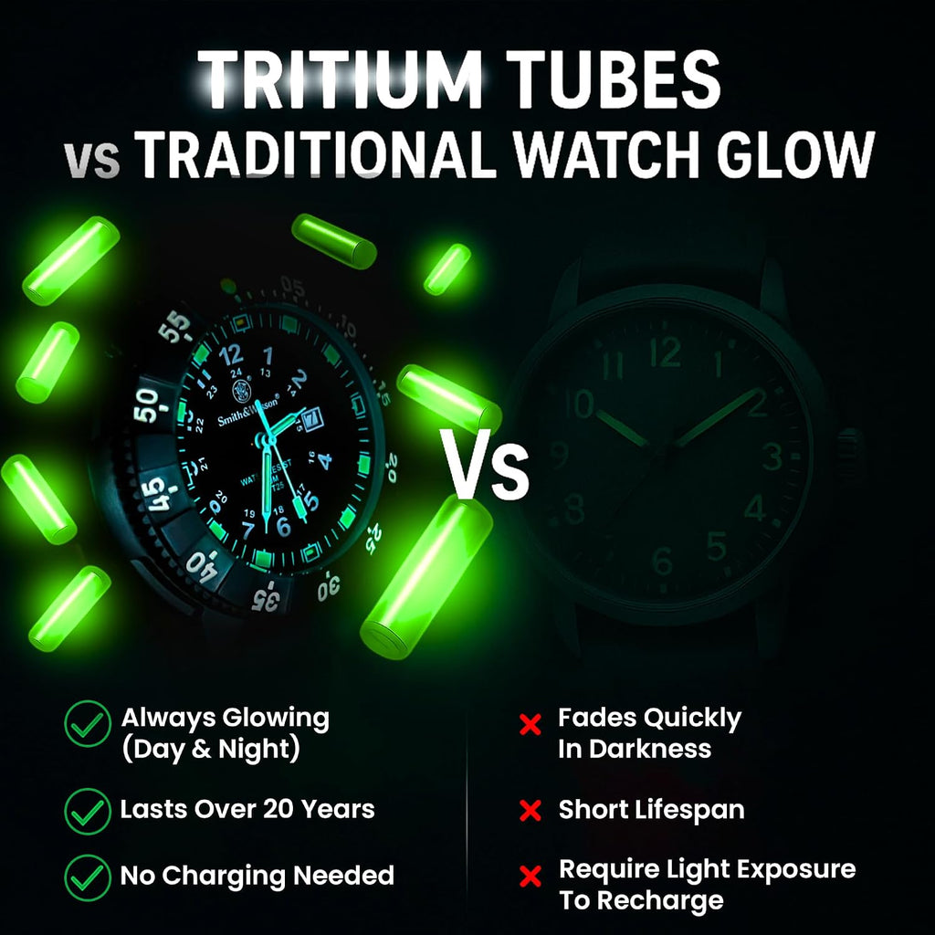 Smith & Wesson 357 Series Reloj táctico militar suizo de tritio H3, impermeable 20ATM para hombre, reloj de buceador de 45mm de campo con pantalla analógica, correa de goma, piezas suizas, movimiento