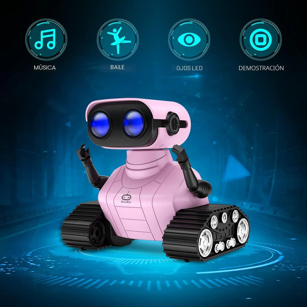 ALLCELE Robot de juguete para niñas, robot RC recargable para niños, juguete de control remoto con música y ojos LED, regalo para niños a partir de 3 años, color rosa