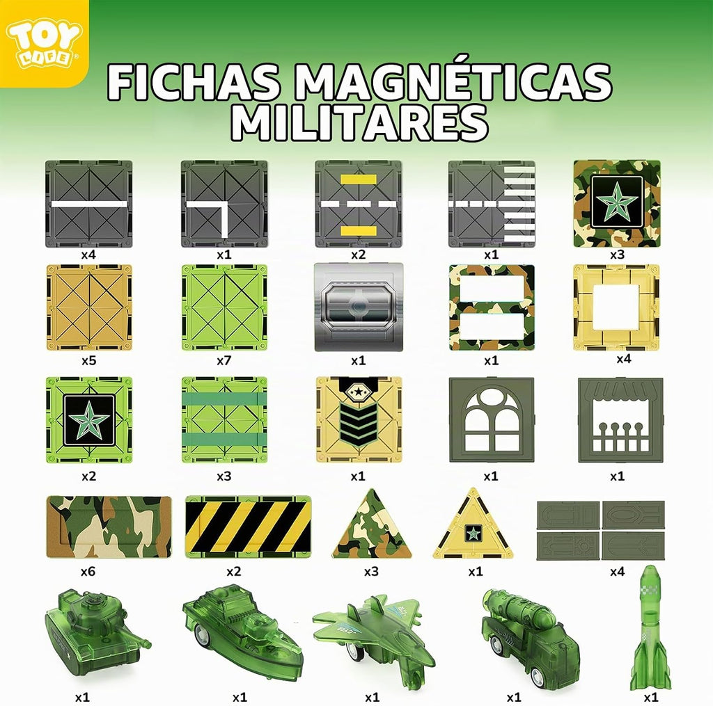 TOY Life - Juego de 58 piezas de azulejos magnéticos militares STEM para niños de 3 a 8 años