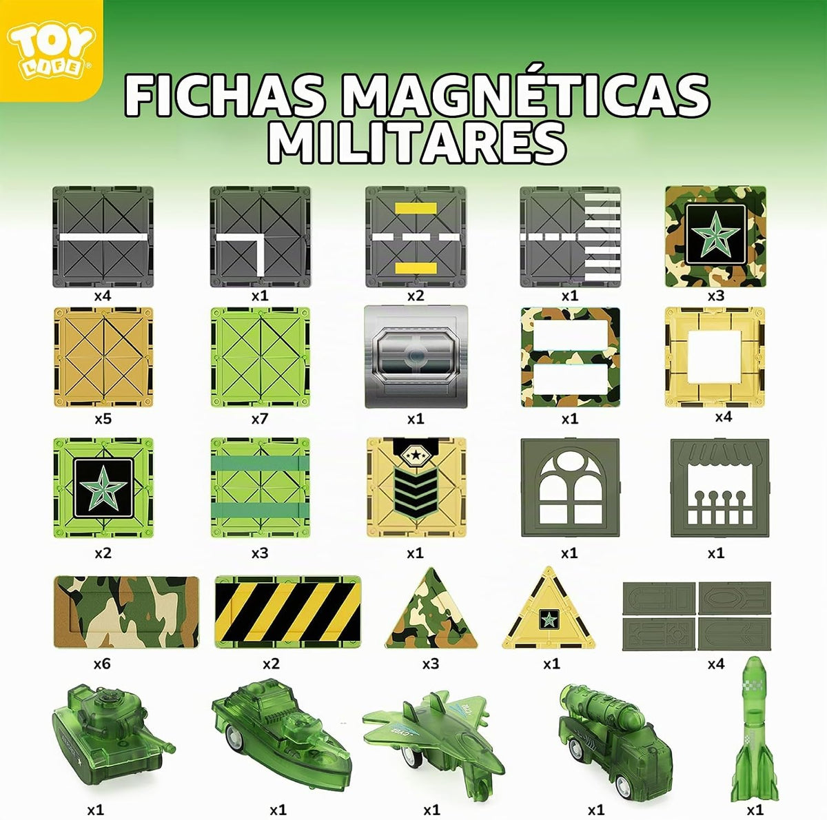 TOY Life - Juego de 58 piezas de azulejos magnéticos militares STEM para niños de 3 a 8 años
