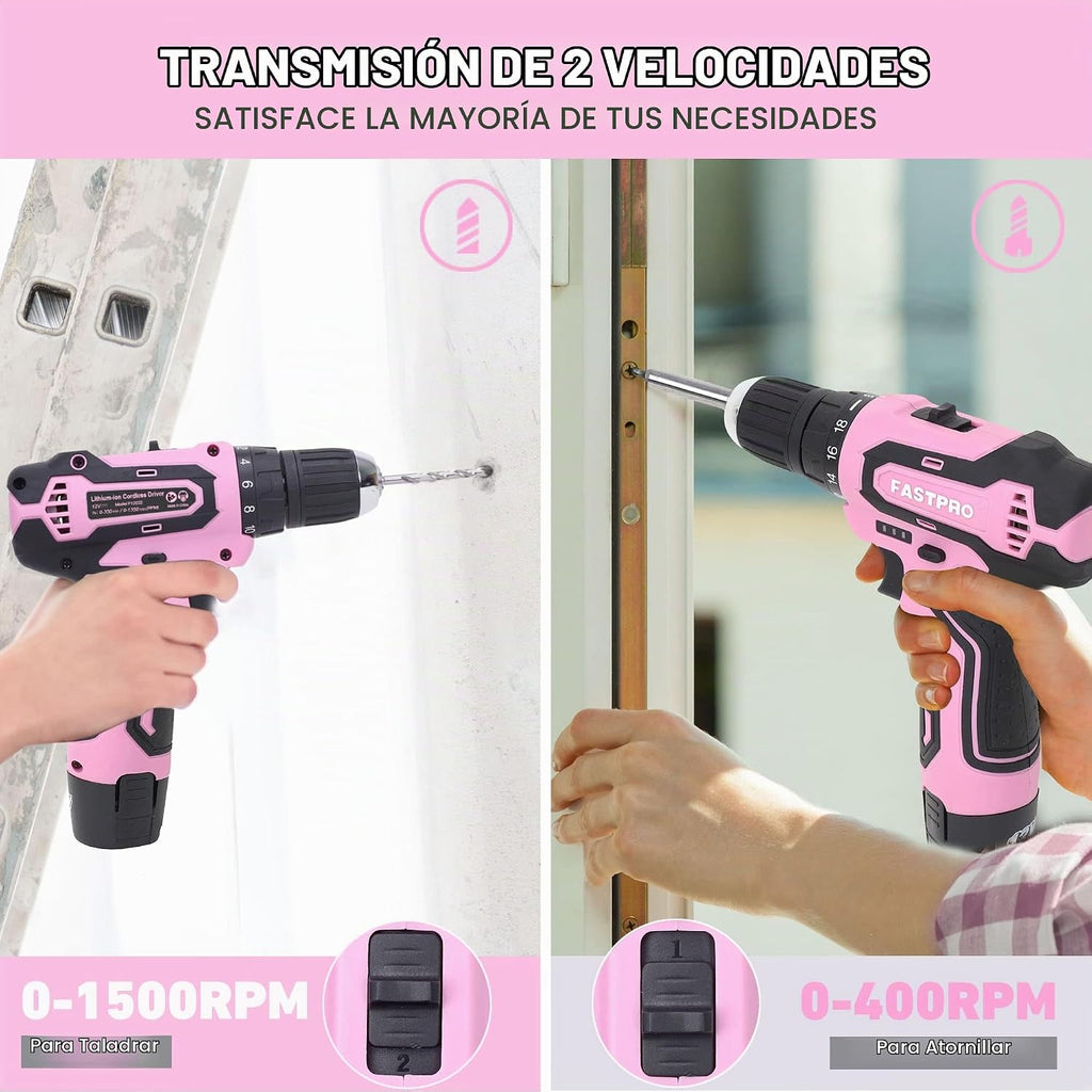 FASTPRO Juego de taladro rosa de 12 V para mujer, juego de herramientas