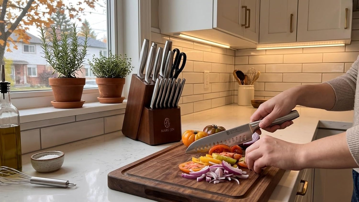 MARU JIN - Juego de cuchillos de cocina japoneses de 15 piezas con afilador integrado, juego de cuchillos de chef de acero inoxidable de alto carbono, apto para lavavajillas (madera)