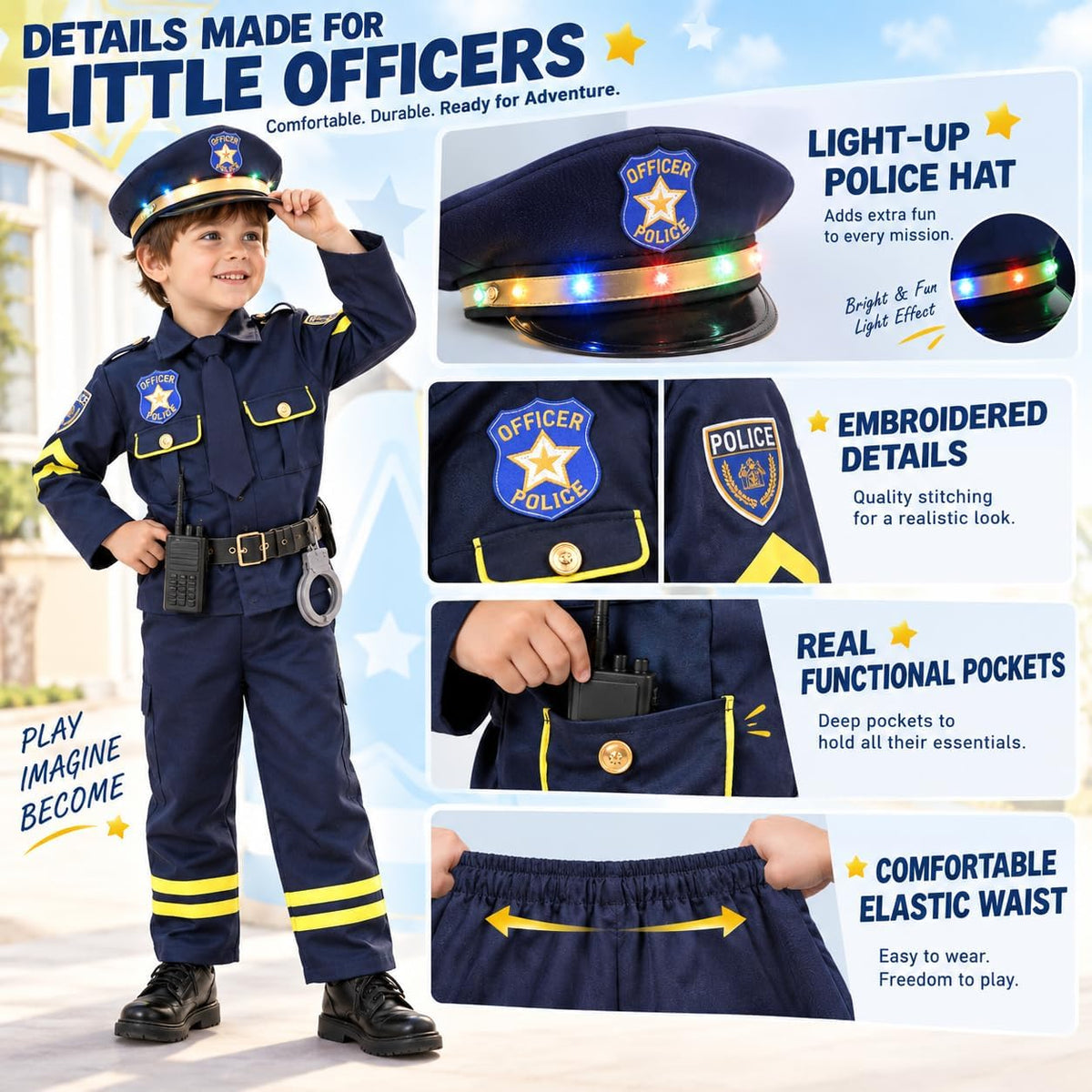 Disfraz de policía para niños, disfraz de policía para el día de la carrera, Halloween, cumpleaños, disfraces para niños de 3 a 12 años
