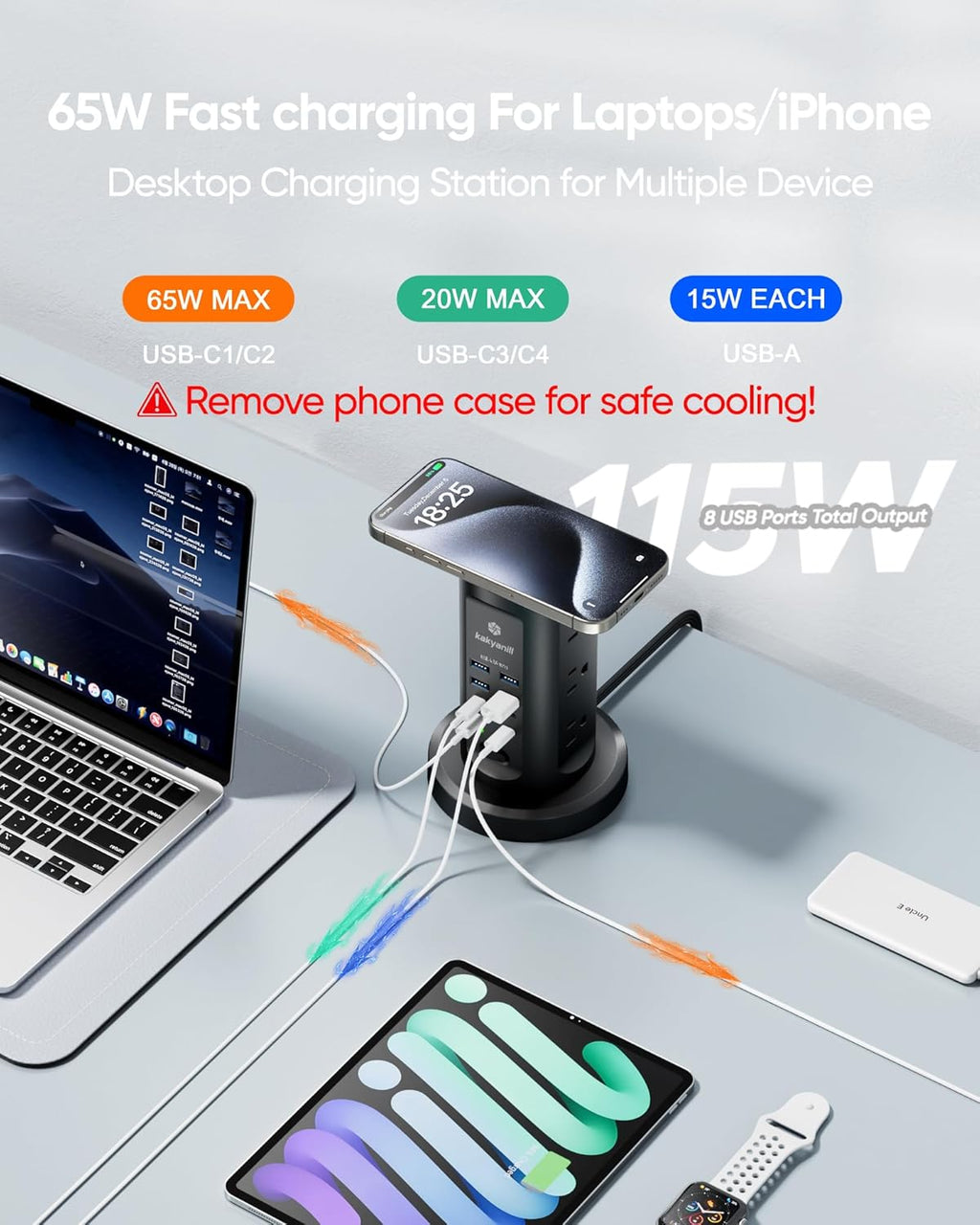 Estación de Carga USB de 115W, Torre de regleta con 9 tomas AC y 8 USB
