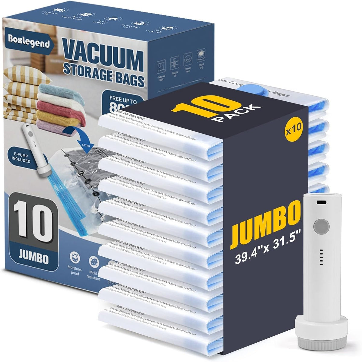 BoxLegend 10 bolsas de almacenamiento al vacío jumbo con bomba eléctrica USB de 1500 mAh de 31.5 x 39.37 pulgadas, bolsas gruesas de sellado al vacío para chaquetas de plumón grandes, edredones, ropa de cama y almohadas, ahorro de espacio para