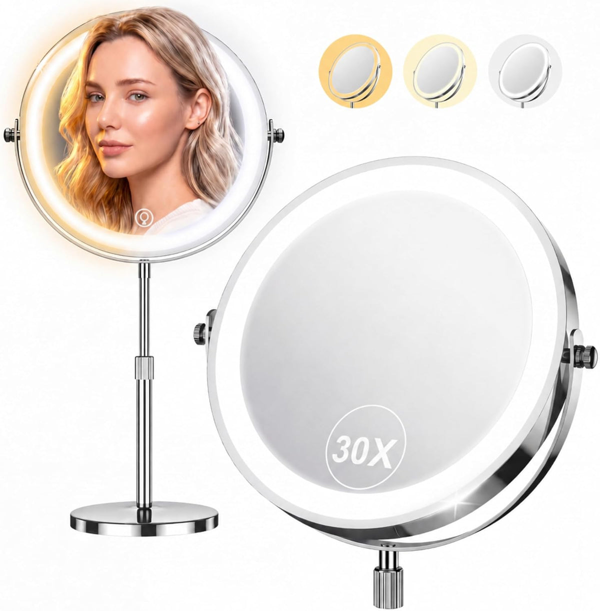 Dienmern Espejo de maquillaje 1X/30X con luces, espejo de tocador con
