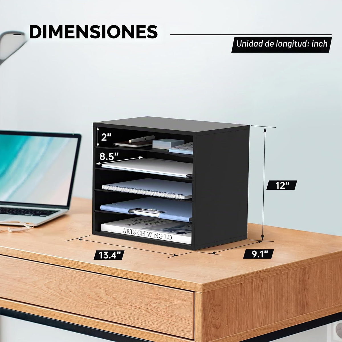 Organizador de Escritorio de Madera de 5 Niveles, Clasificador de Correo y Organizador de Papeles para Escritorio, negro