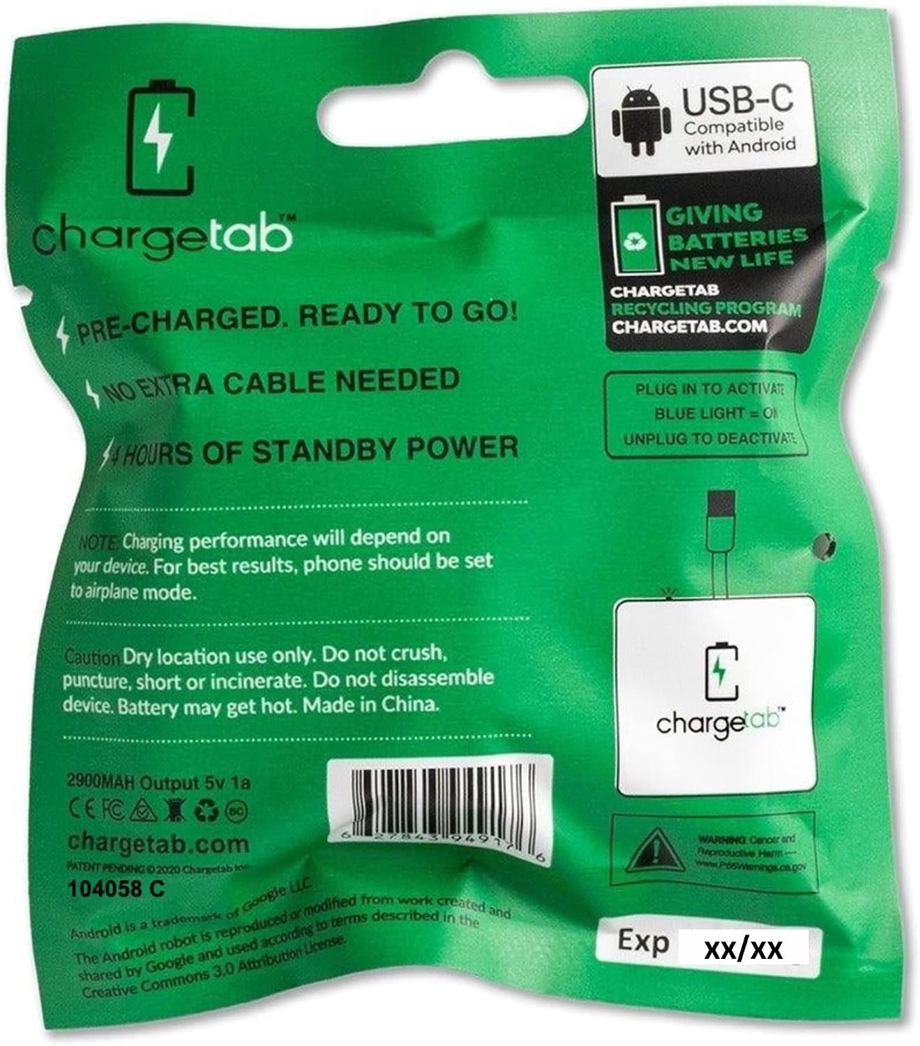 ChargeTab Cargador USB-C portátil de emergencia: precargado de 3000...