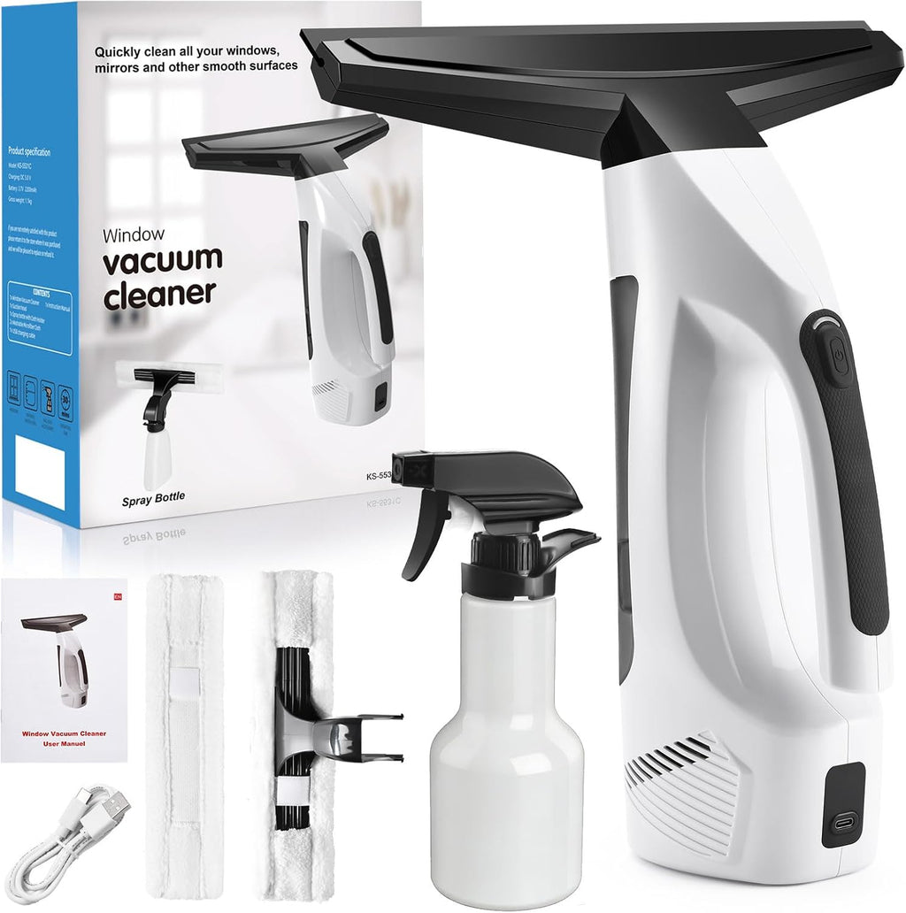 Aspiradora de ventana inalámbrica, 2000 Pa, limpiador eléctrico recargable de ventana con tanque de agua de 6.8 fl oz, kit de limpieza con botella de spray y almohadilla de microfibra para vidrio