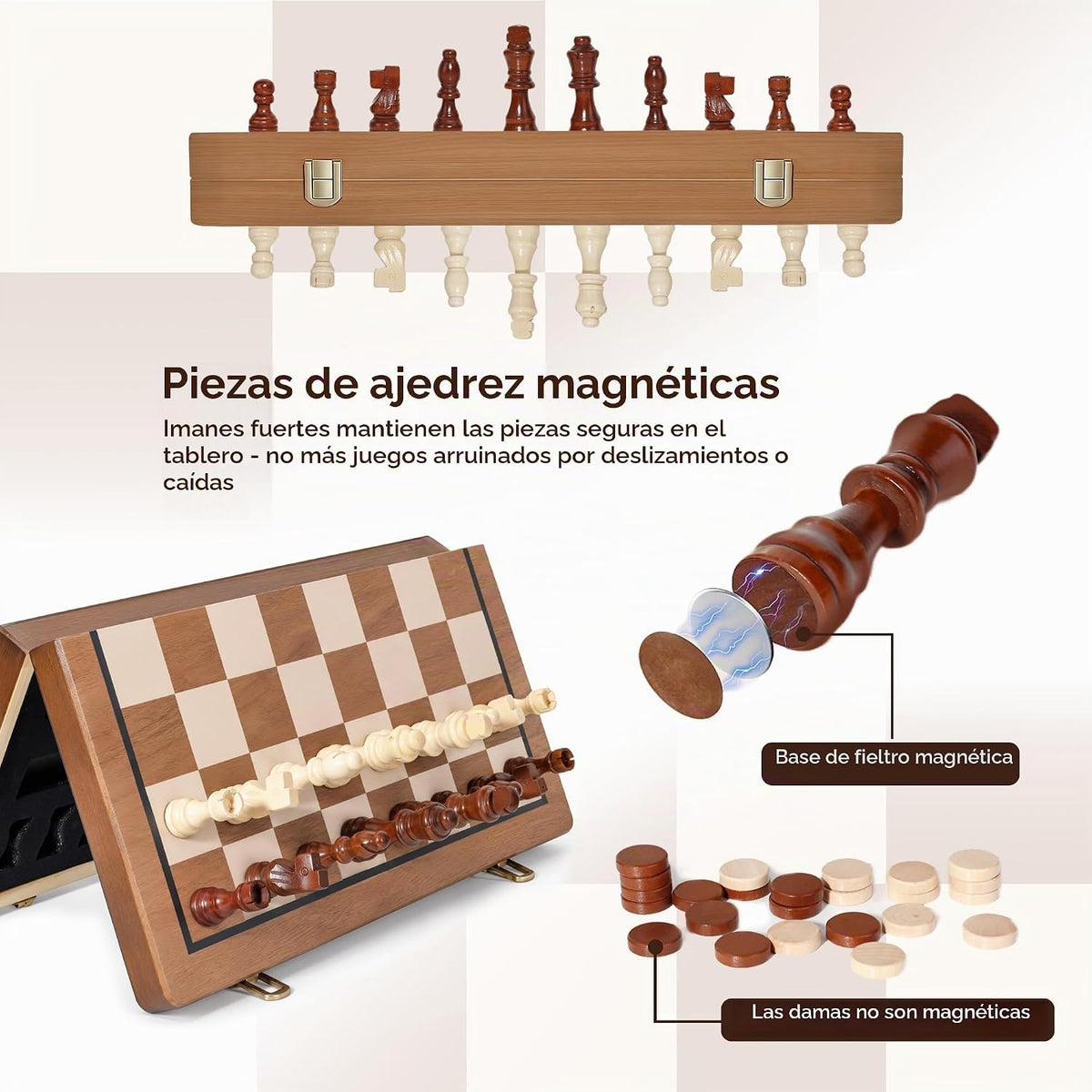 Hvygss - Tablero magnético de ajedrez de 15 pulgadas, juego de ajedrez de madera plegable con damas, piezas hechas a mano con 2 reinas adicionales, juego de mesa de viaje portátil para niños de 6 años