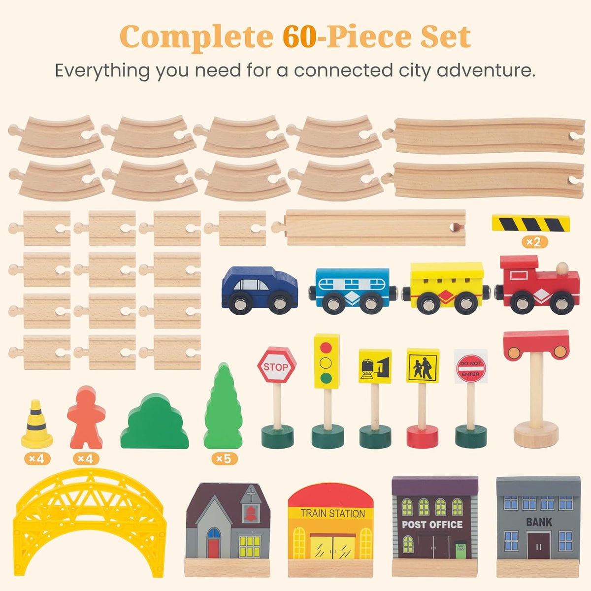 Juego de tren de 60 piezas para niños de 3 años, vías de juego de tren de madera de doble cara para niños pequeños, compatible con Brio, Thomas, Melissa y Doug, juguetes de tren de madera para niños y