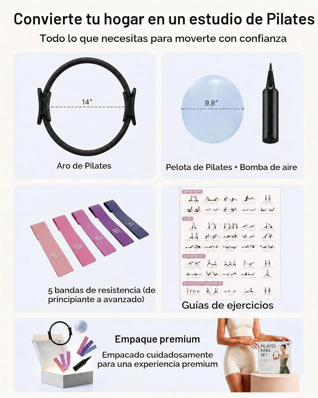 Juego de anillos de pilates – Círculo mágico de 14 pulgadas (38 libras de resistencia), bola de pilates de 9.8 pulgadas, 5 bandas de resistencia y guía de ejercicios incluida para entrenamientos