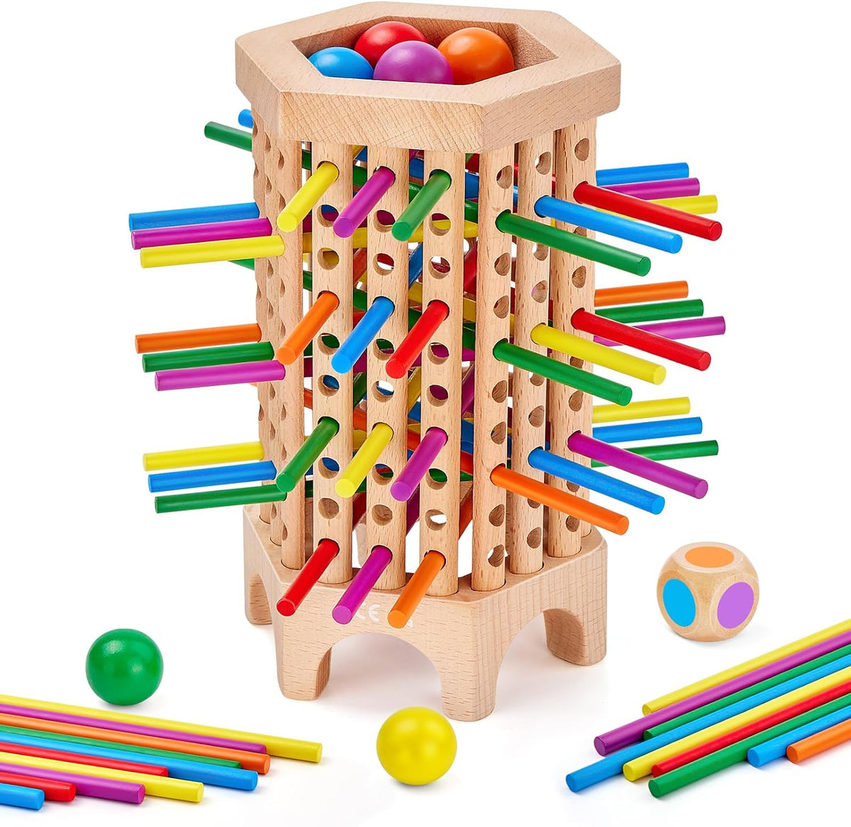 Montessori Juego de mesa de madera, juego de dados de 36 palos de madera coloridos