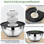P&P CHEF - Juego de cuencos de mezcla con tapa, 5 piezas de cuencos de acero inoxidable para anidación y almacenamiento de ensaladas, 3 accesorios para rallar y fondos antideslizantes, tamaño 1/1.5/2