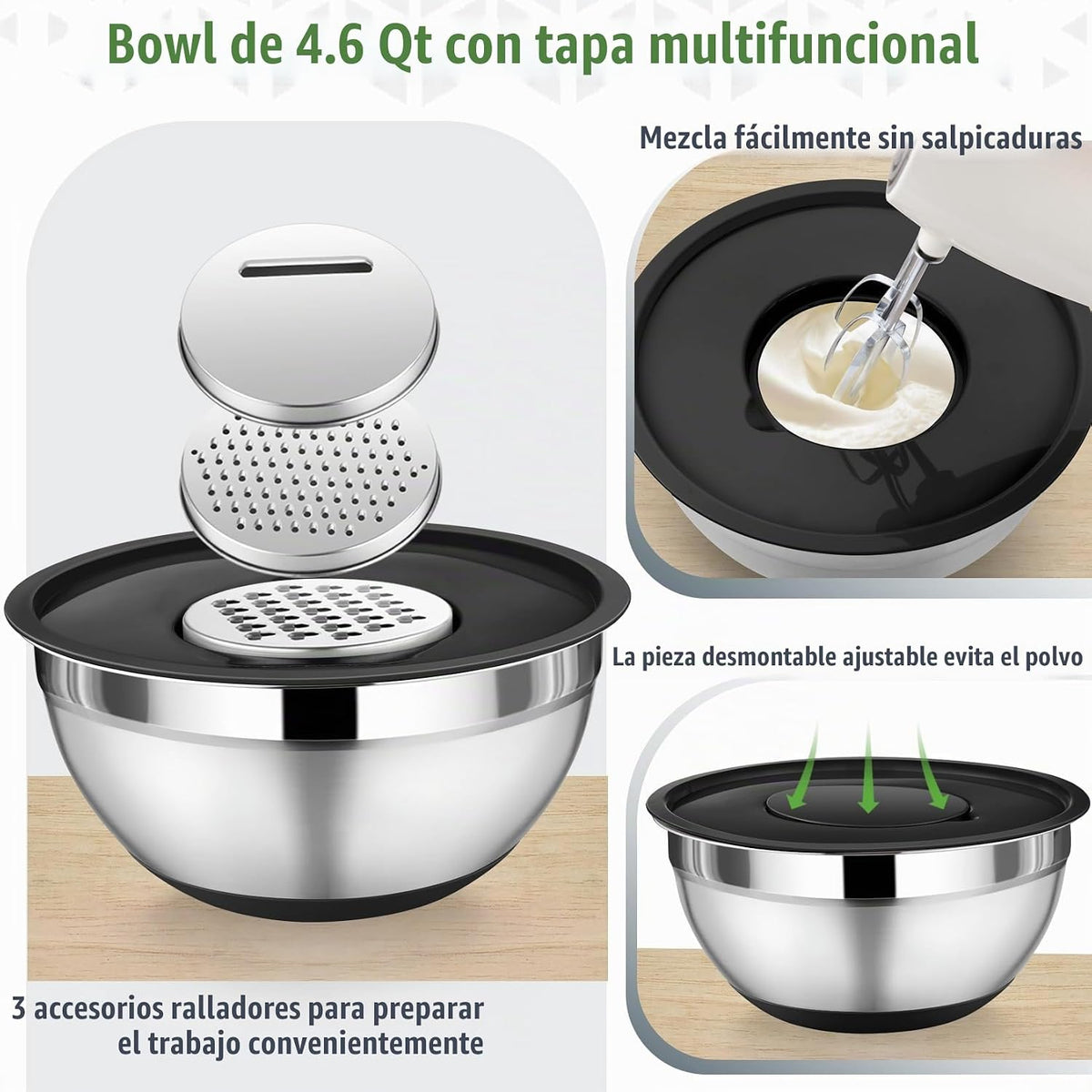 P&P CHEF - Juego de cuencos de mezcla con tapa, 5 piezas de cuencos de acero inoxidable para anidación y almacenamiento de ensaladas, 3 accesorios para rallar y fondos antideslizantes, tamaño 1/1.5/2