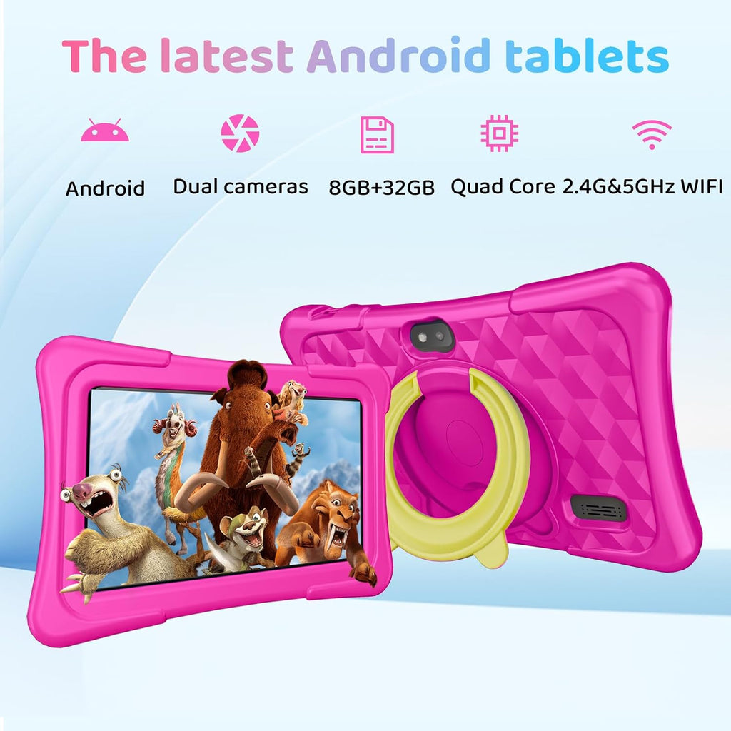 Tablet para niños, tableta Android de 7 pulgadas para niños, 6 GB+32 GB 1 TB expandir, tabletas de cuatro núcleos con funda, BT, WiFi, control parental, juegos, dual (rosa)