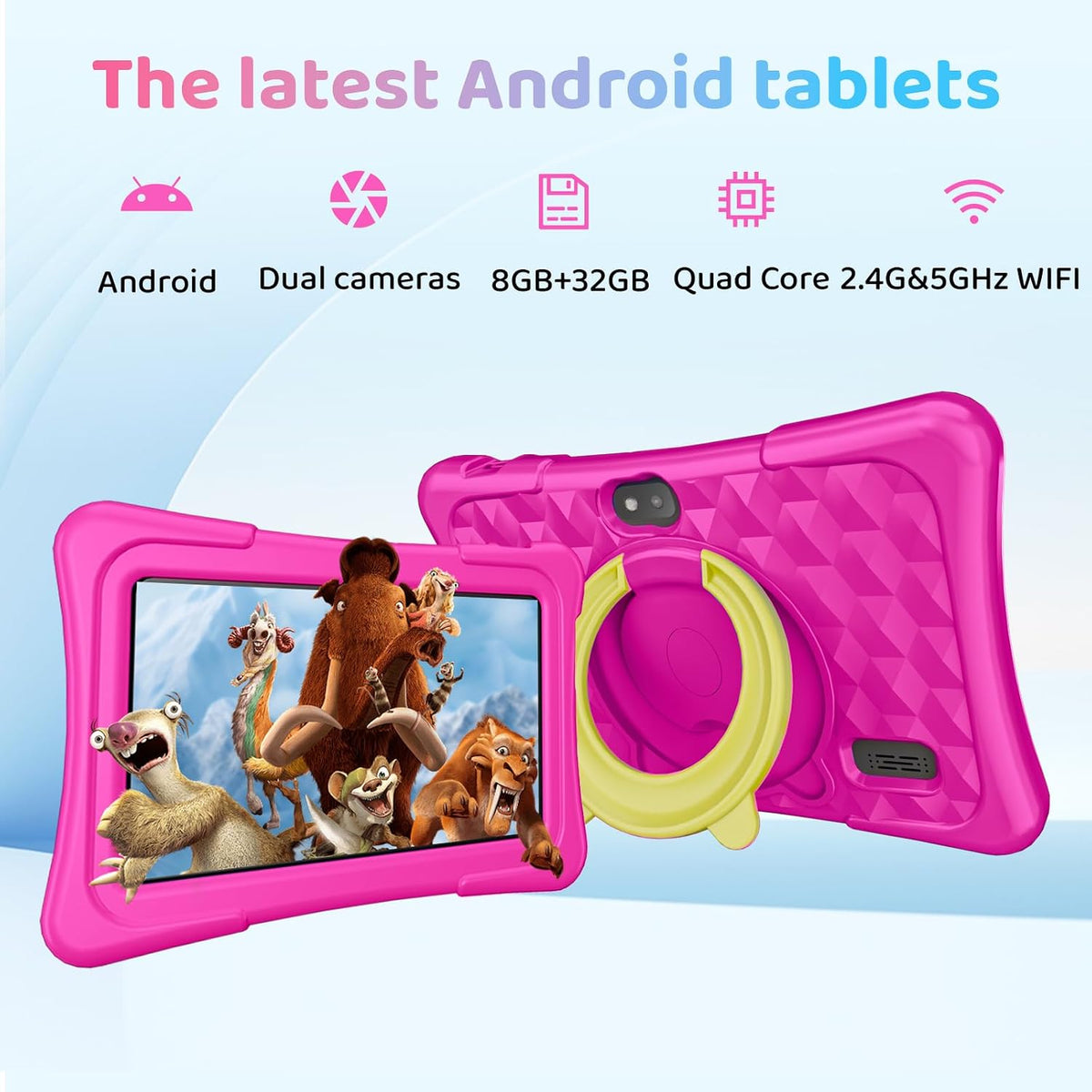 Tablet para niños, tableta Android de 7 pulgadas para niños, 6 GB+32 GB 1 TB expandir, tabletas de cuatro núcleos con funda, BT, WiFi, control parental, juegos, dual (rosa)