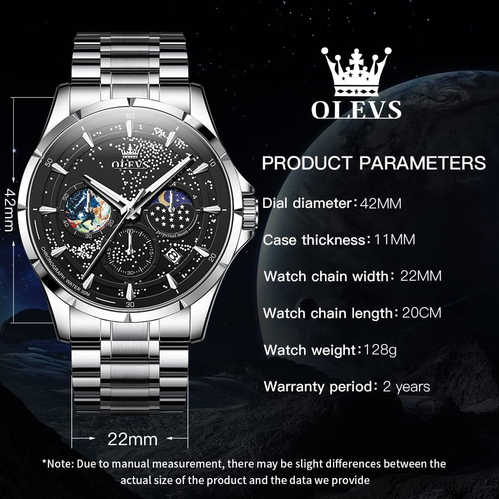 Reloj para Hombre OLEVS Esfera Cielo Estrellado Fase Lunar Lujo Negocios Analógico Cuarzo Clásico Casual Fecha Resistente al Agua Luminoso