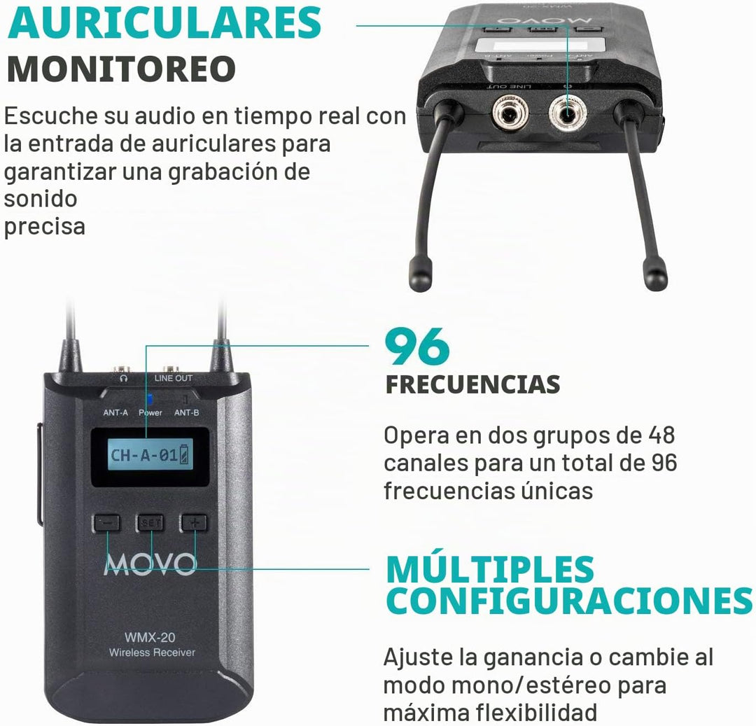 Movo WMX-20-DUO Sistema de micrófono inalámbrico UHF de 48 canales...