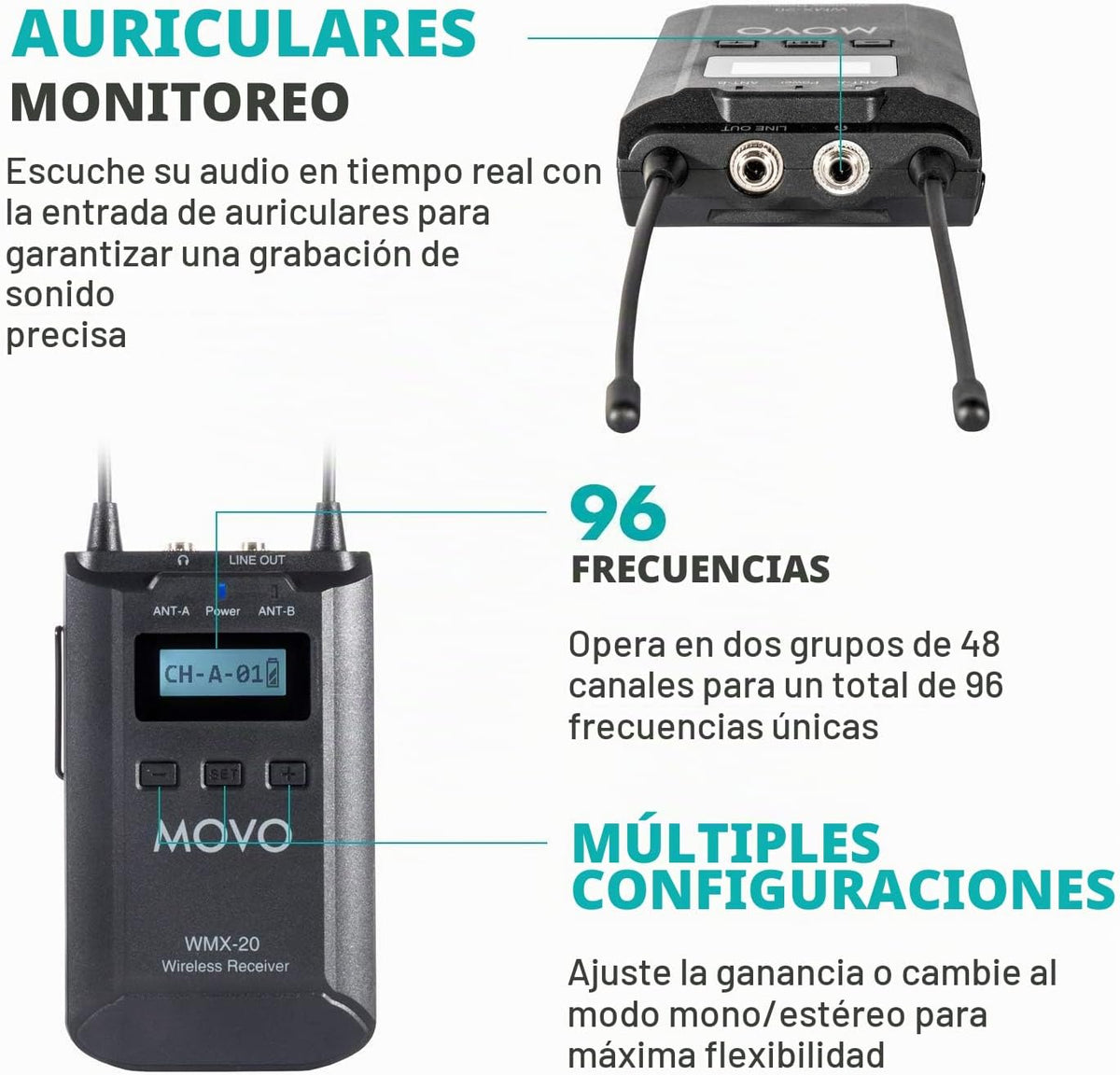 Movo WMX-20-DUO Sistema de micrófono inalámbrico UHF de 48 canales con 1 receptor