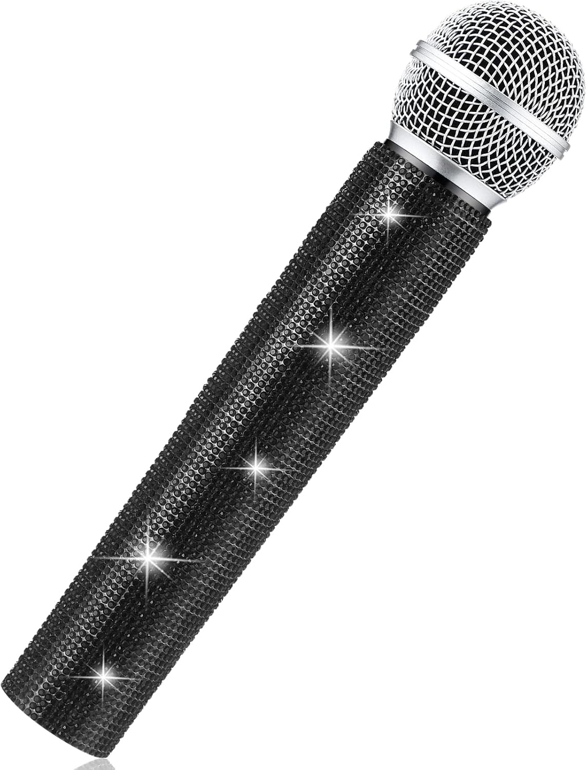Micrófono falso con diamantes de imitación brillantes, micrófono de juego de plástico con purpurina para disfraz de fiesta de cosplay (negro)