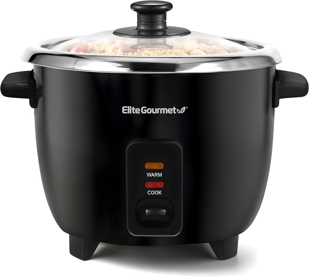 Elite Gourmet ERC006SS - Arrocera eléctrica de 6 tazas con olla interior de acero inoxidable, hace sopas, guisos, papillas, granos y cereales, 6 tazas (3 tazas crudas), color negro