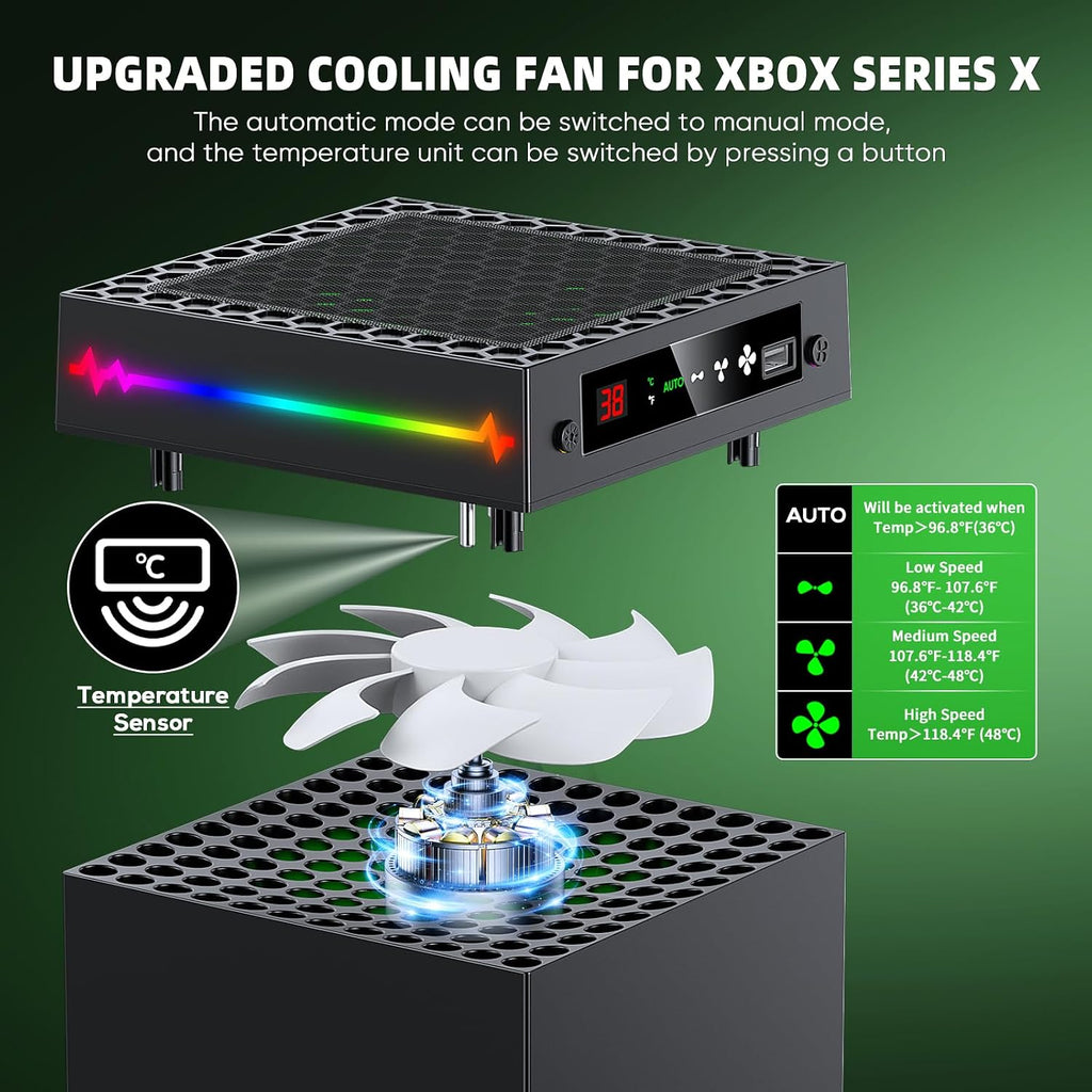 Auto Ventilador de Enfriamiento para Xbox Series X con Pantalla LED de Temperatura y 9 Luces RGB