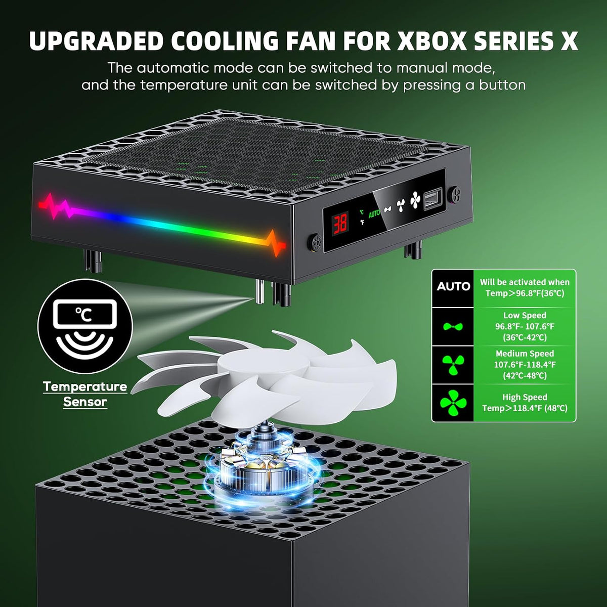 Auto Ventilador de Enfriamiento para Xbox Series X con Pantalla LED de Temperatura y 9 Luces RGB