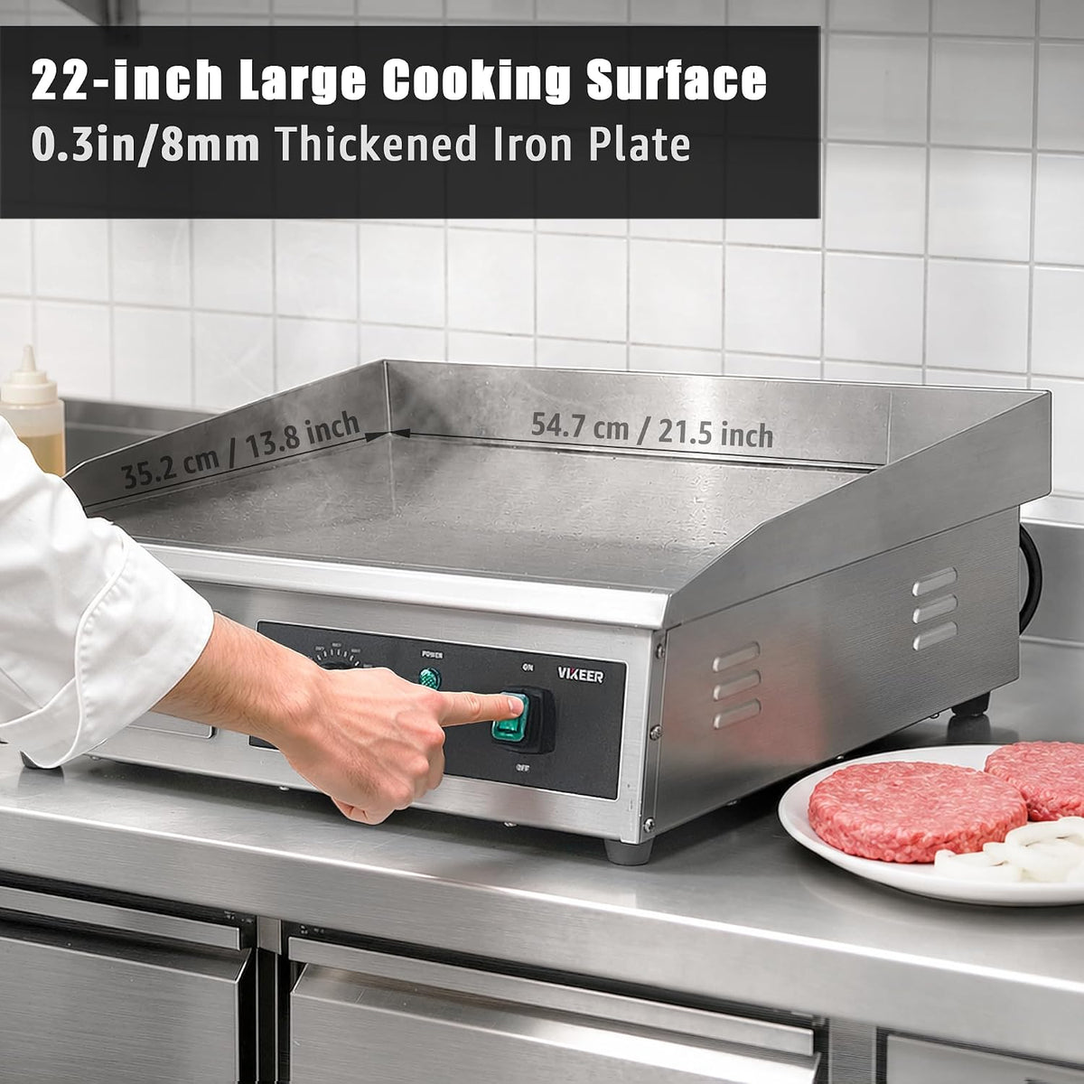 Plancha eléctrica comercial, parrilla eléctrica grande de 22 pulgadas, parrilla superior plana de acero inoxidable con placa de cocción de hierro, control de temperatura ajustable de 120-570 ℉