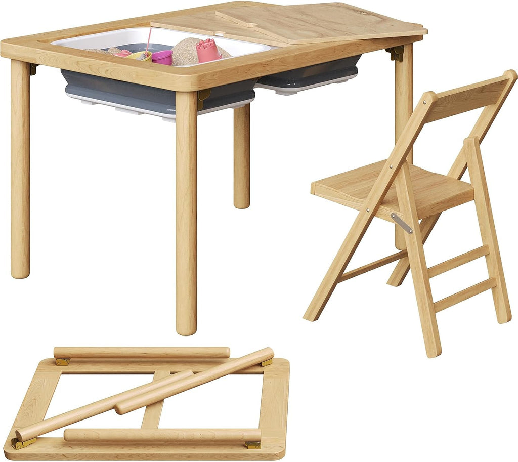 FUNLIO Mesa sensorial plegable de madera con 2 contenedores y 1 silla plegable para niños pequeños, mesa sensorial para niños con tapa de madera contrachapada antideformación, juego de arena y agua para interiores y exteriores, certificado CPC