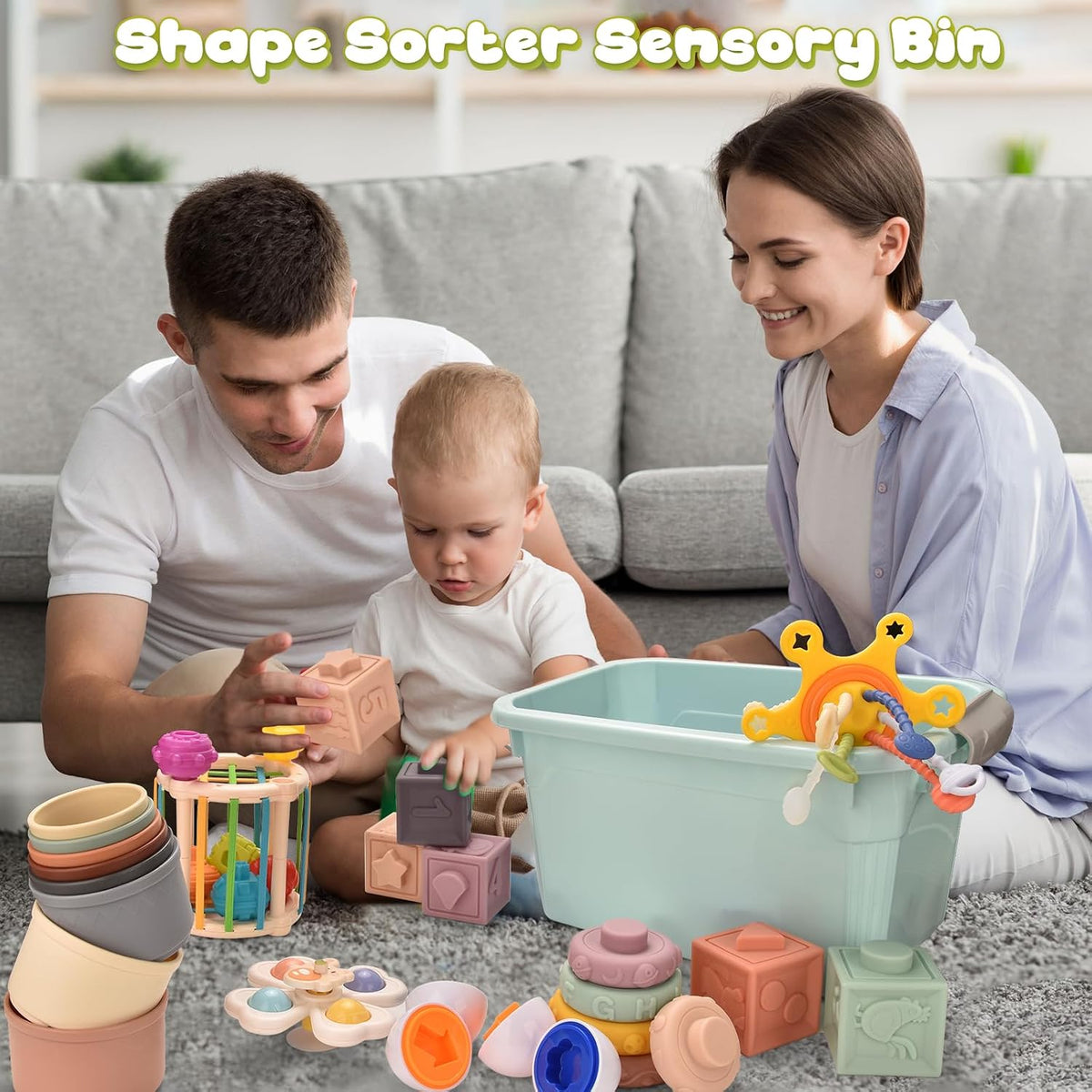 es un juguete Montessori 7 en 1 diseñado para la dentición de bebés y un regalo educativo sensorial específicamente para este propósito.