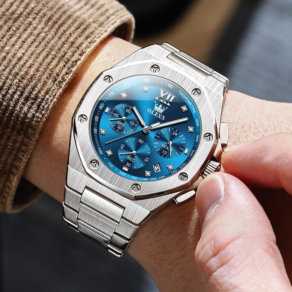 OLEVS Reloj para hombre Big Face Acero inoxidable Impermeable Luminoso Diamante