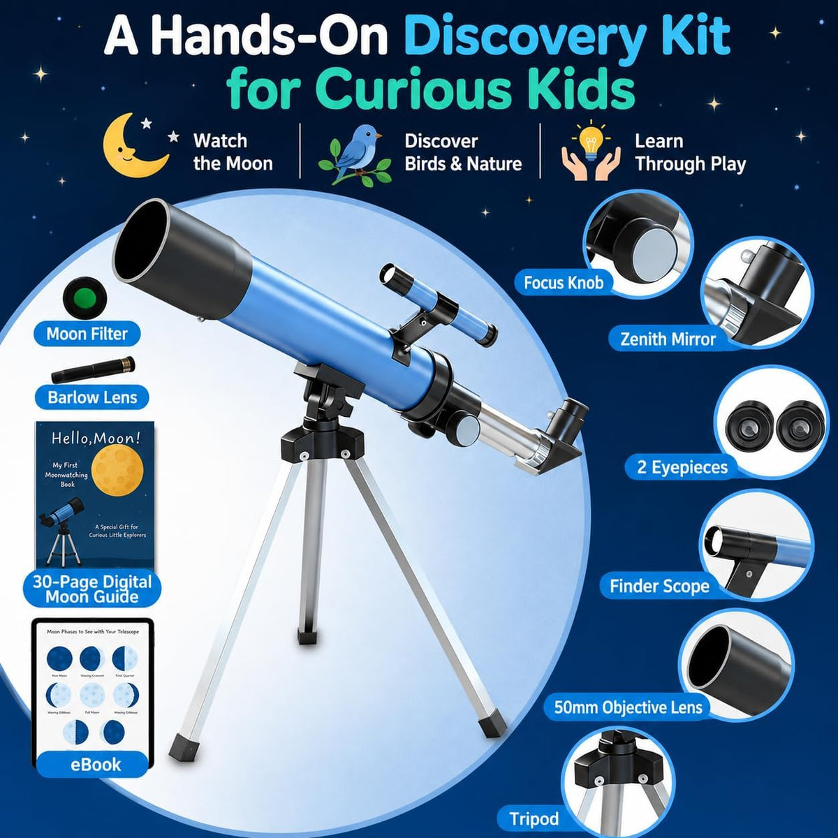 Telescope para Kids, 50mm 100x Beginner Telescope con Tripod