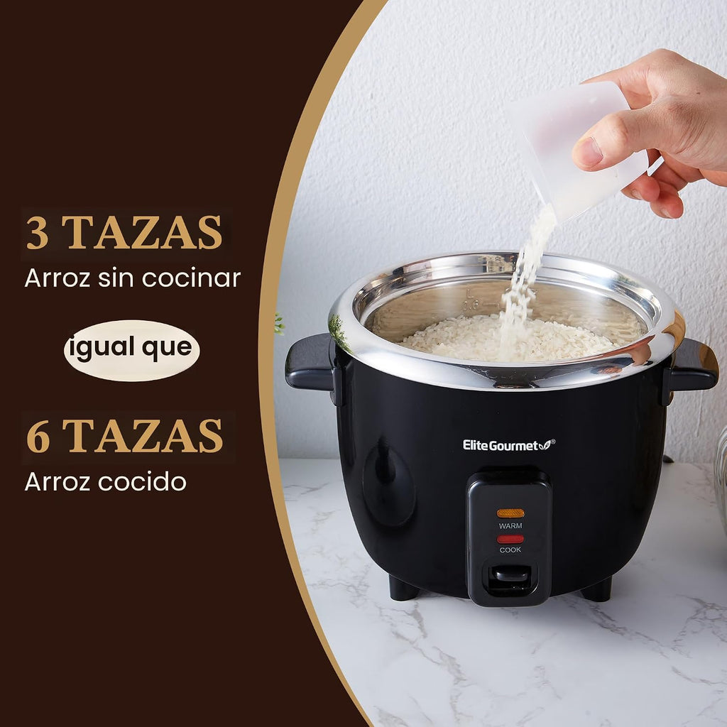 Elite Gourmet ERC006SS - Arrocera eléctrica de 6 tazas con olla interior de acero inoxidable, hace sopas, guisos, papillas, granos y cereales, 6 tazas (3 tazas crudas), color negro
