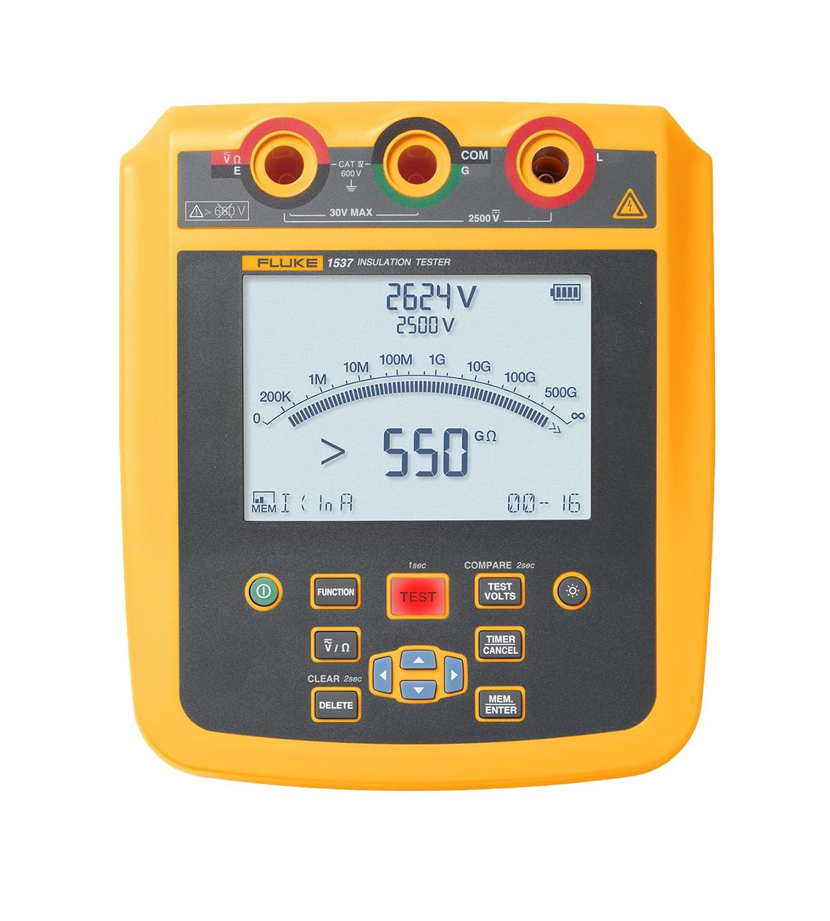 Fluke 1537, Comprobador de aislamiento, para pruebas de aislamiento industrial y eléctrico de primera línea, voltajes de prueba de 250 V a 2500 V y medidas de resistencia hasta 500 GΩ