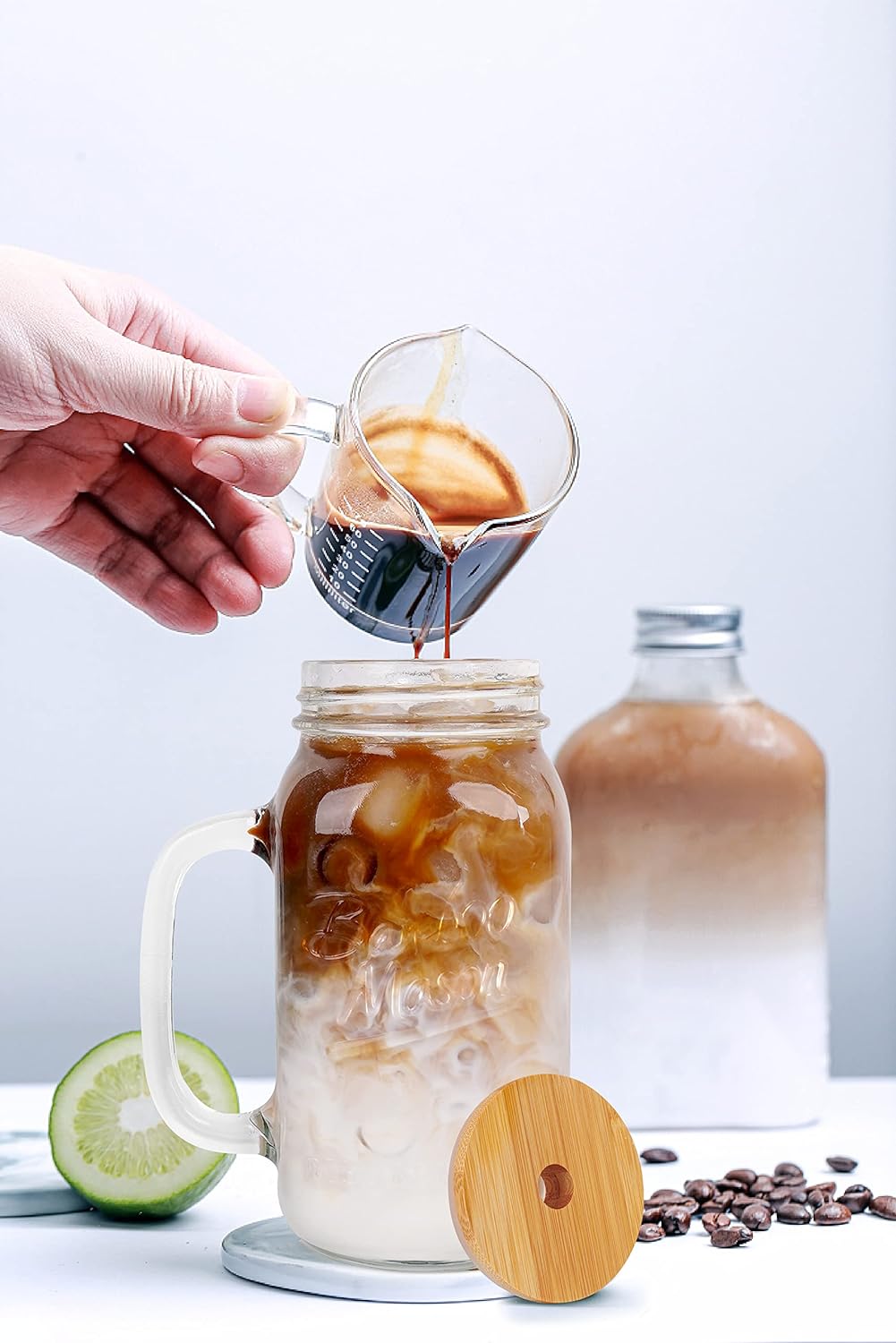 Tarro Mason con tapa y pajilla, tarros Mason de boca regular de 24 onzas con asa, vasos reutilizables, botellas de agua para batidos para café helado, clásico