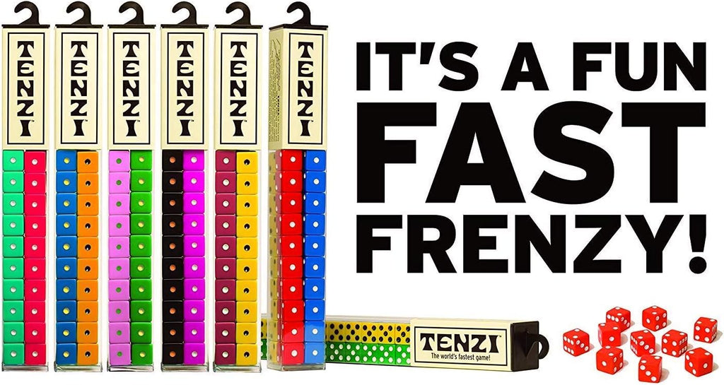 TENZI Dice Party Game - Una Diversión Veloz para Toda la Familia - 4 Juegos de 10 Dados Coloreados con Tubo de Almacenamiento - Los Colores Pueden Variar