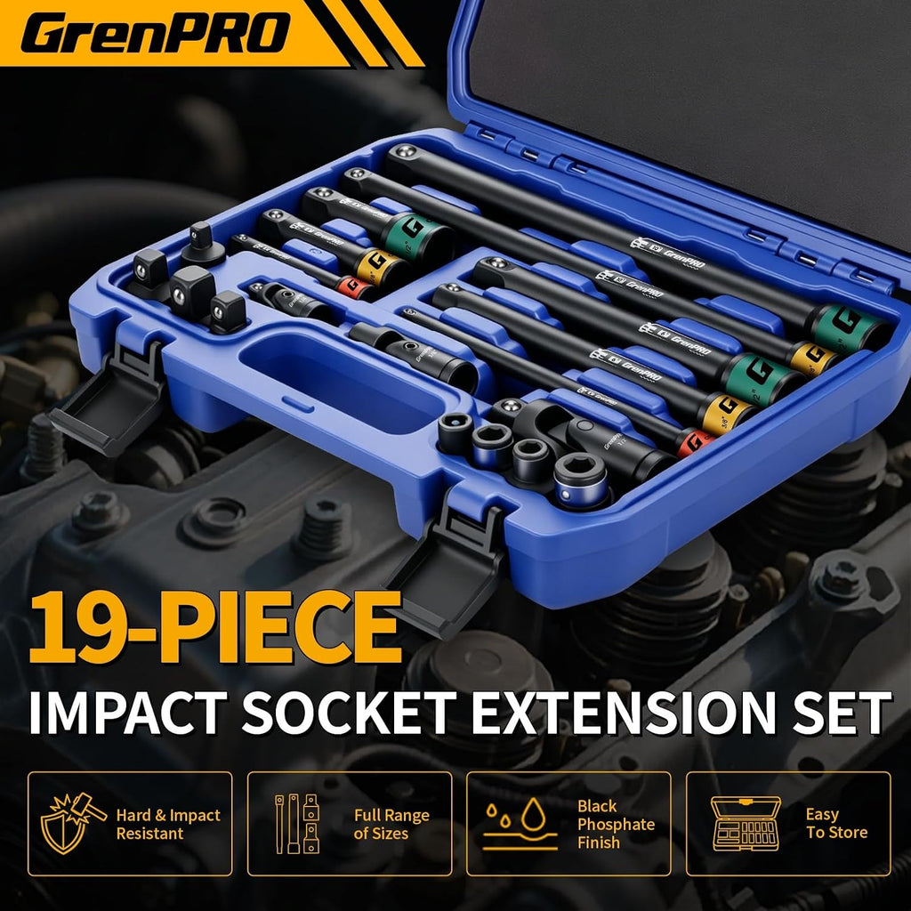 Juego de extensión de impacto 50BV30 de 19 piezas con barras, juntas giratorias, acoplador y adaptadores de unidad de 1/2", 1/4", 3/8"