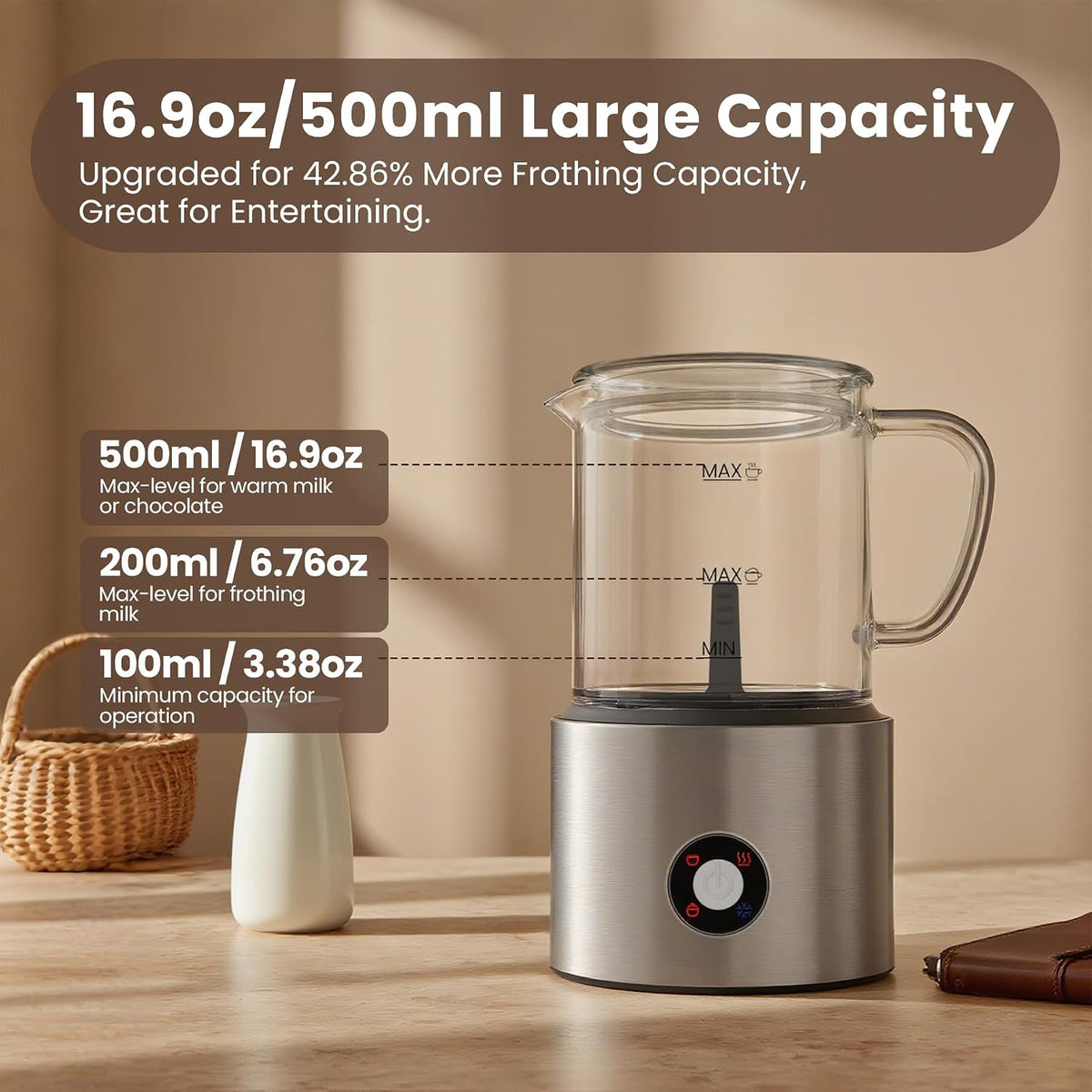Espumador de leche desmontable, espumador de leche y vaporizador 4 en 1, apto para lavavajillas, espumador de vidrio de 16.9 onzas, espumador de leche eléctrico para café, café con leche, chocolate