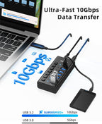 AGEEN, hub USB 3.2 de 7 puertos, alimentado, adaptador 12V/2A