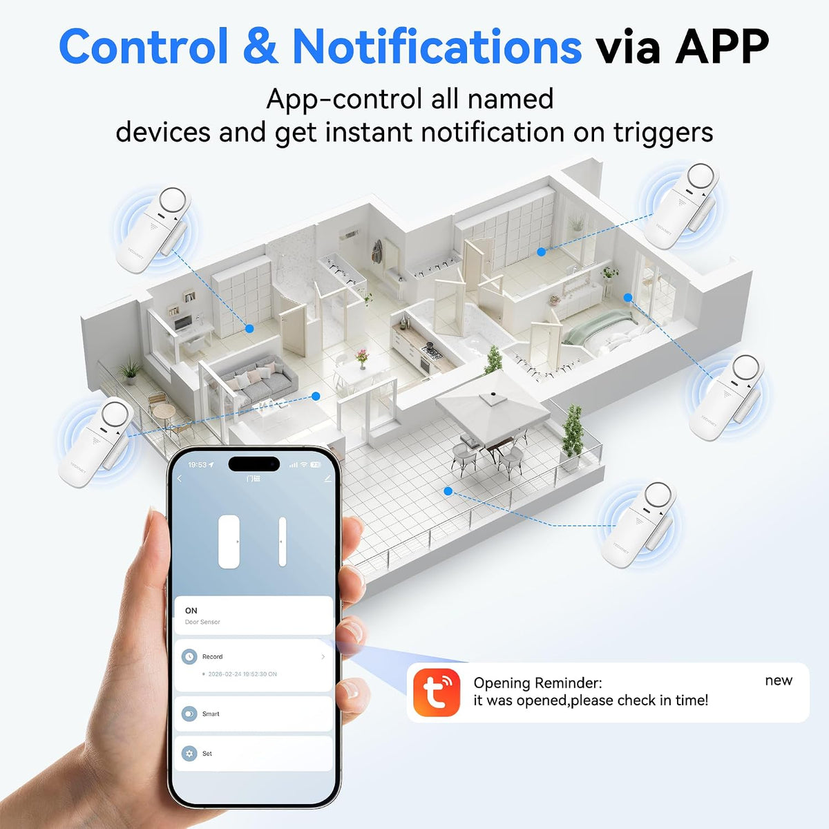 TECKNET Alarmas de puerta cuando se abre, alarma con sensor de puerta inteligente WiFi de 2.4 G y timbre, alertas de aplicación, alarmas de puerta para seguridad de los niños