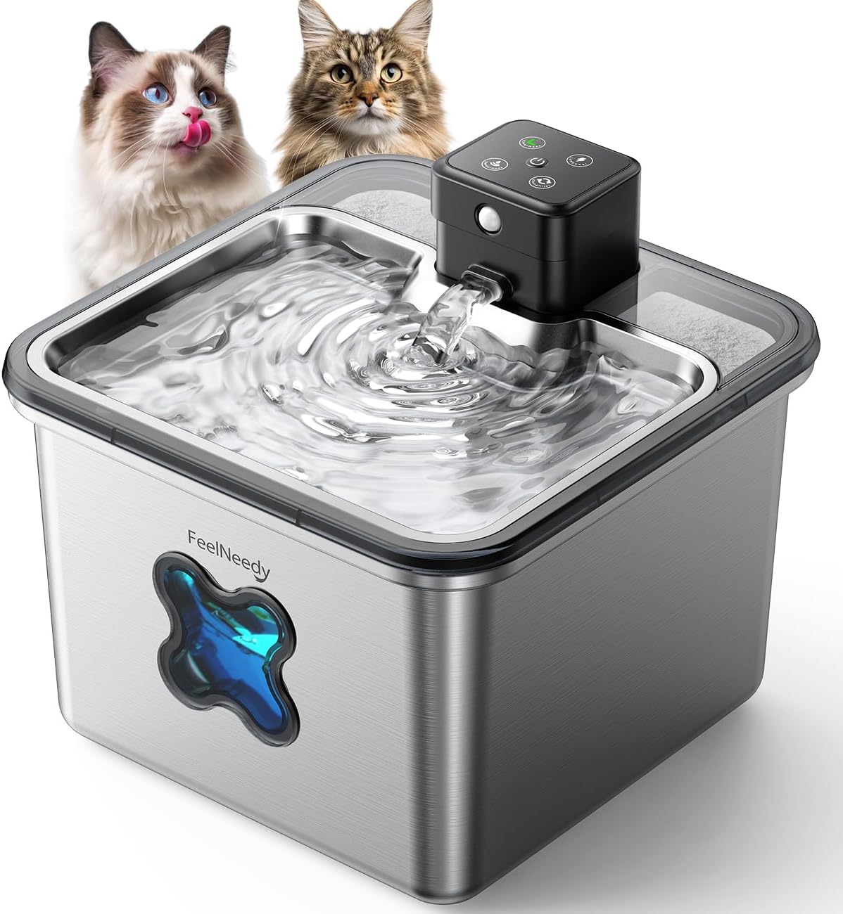 Fuente de agua inalámbrica para gatos: [filtro visual] y acero inoxidable de alta resistencia, 3.2L/108 onzas, FEELNEEDY- Diseño premium, duradero, fuente para mascotas con sensor de batería de 4000