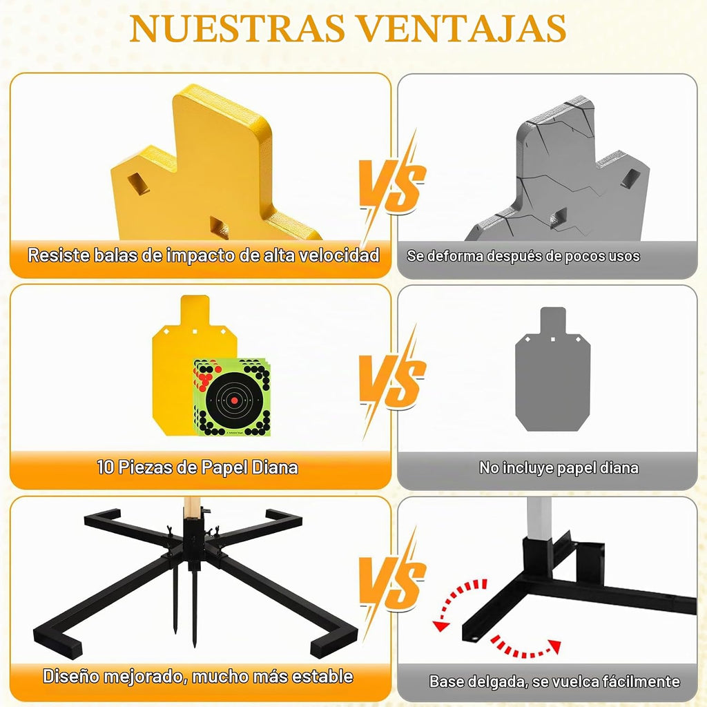Sistema de soporte de acero AR500, objetivos de rehén de acero de 3/8 pulgadas de grosor con base de soporte estable de 2 x 4, kit completo de disparo con papel de objetivos de 10 piezas para