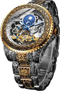 FORSINING Reloj retro para hombre, tallado, automático, mecánico, tatuaje, tourbillon, fase lunar, segundos independientes, esqueleto automático, esfera grande, relojes de pulsera
