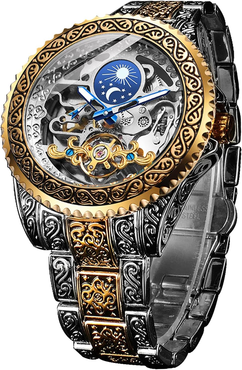 FORSINING Reloj retro para hombre, tallado, automático, mecánico, tatuaje, tourbillon, fase lunar, segundos independientes, esqueleto automático, esfera grande, relojes de pulsera