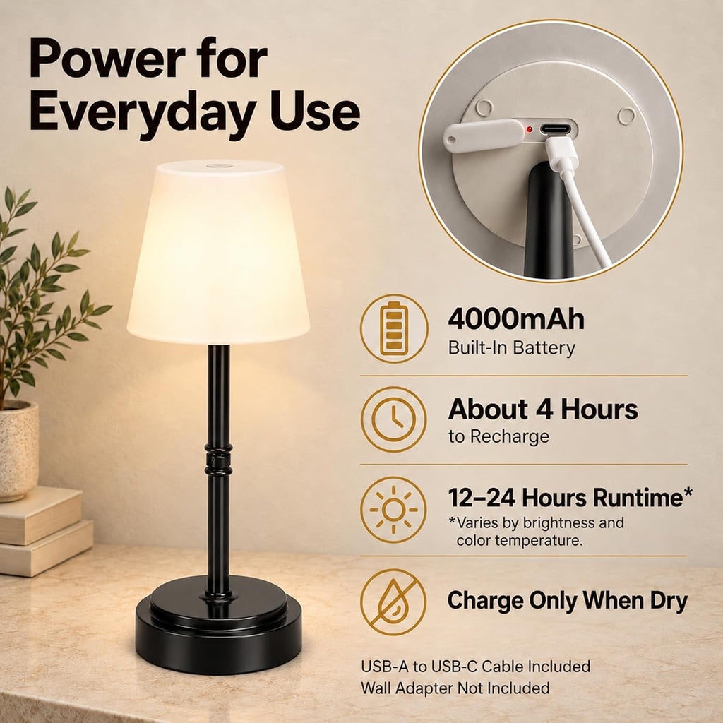 Lámpara Lámpara de mesa LED inalámbrica recargable, lámpara de ducha IP65, negro